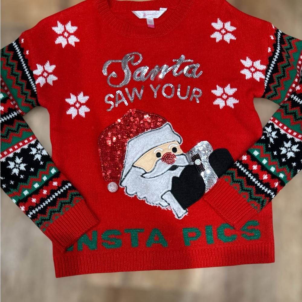 No Boundaries Women’s XS Ugly Christmas Sweater Santa Saw Your Insta Pics Red